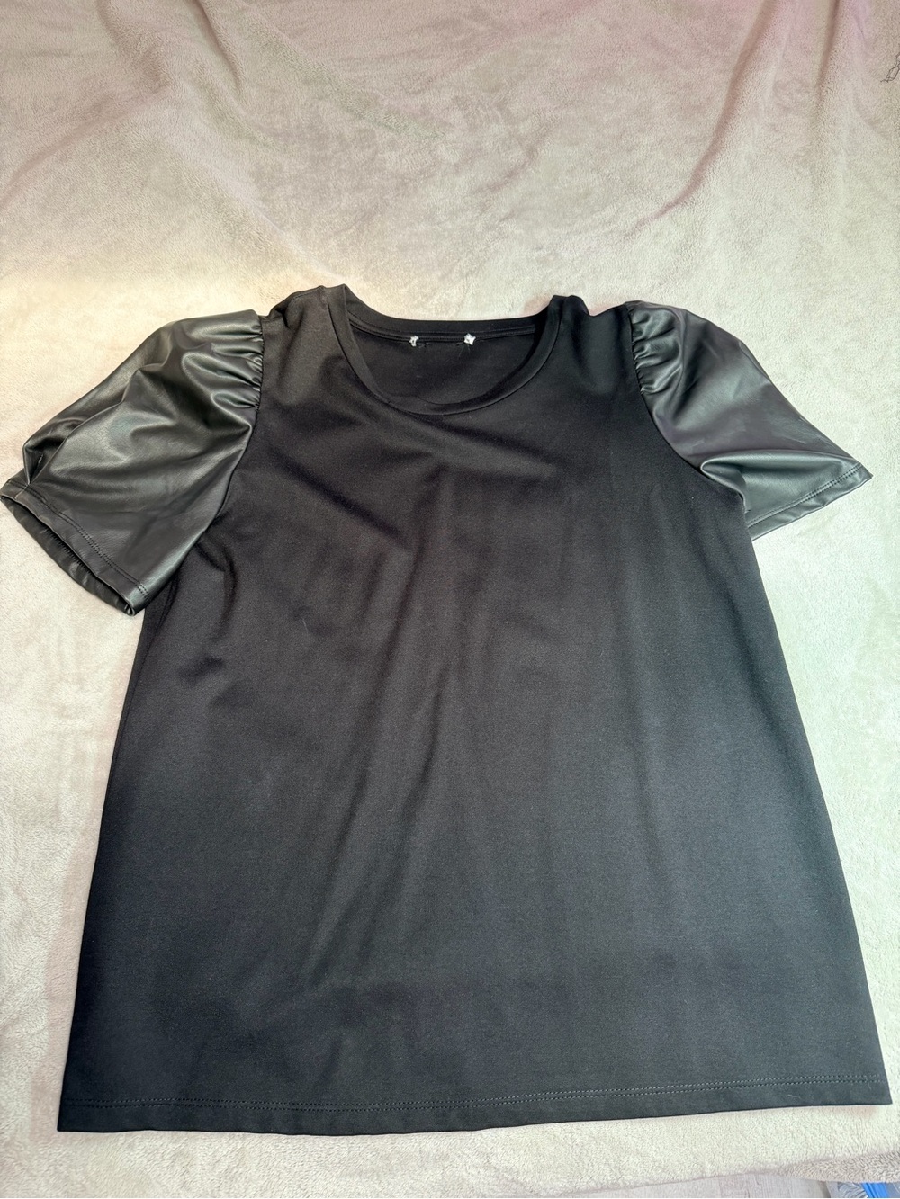 Nine West Black Short Sleeve Top with Faux Leather Puff Sleeves